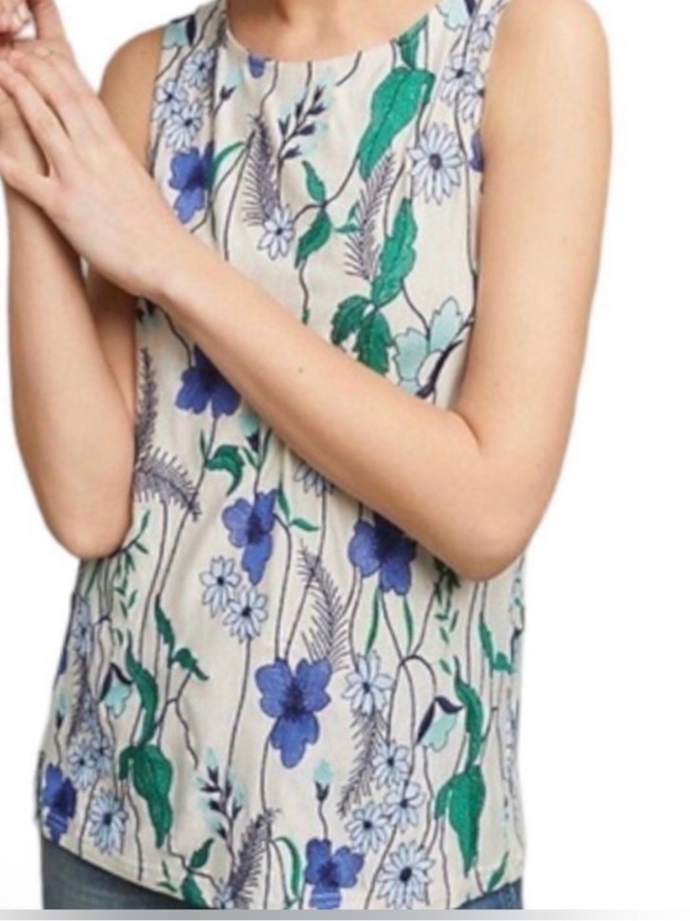 Anthropologie Cream Floral Meadow Rue Sleeve Top With Blue and Green Print